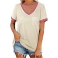 thumbnail image 2 of Ndbuld Womens Summer Tops Women's Top Women's Loose Casual Solid Color Patchwork V-neck Short Sleeved Top Holiday Gift Finder,Beige,2XL, 2 of 7