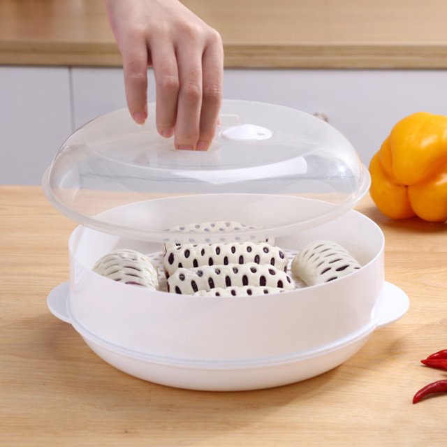 Saludos Redondo de uno o dos niveles Microondas Vaporizador de alimentos Cocina Verduras Pescado Utensilios de cocina oso de fresa Juguete