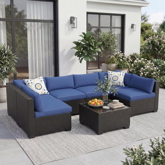 7 Piece Patio Furniture Set, Outdoor Sectional Rattan Sofa Set with Coffee Table, Wicker Outdoor Conversation Set Sectional Sofa with Thick Cushions for Backyard, Poolside, Garden,Black & Blue