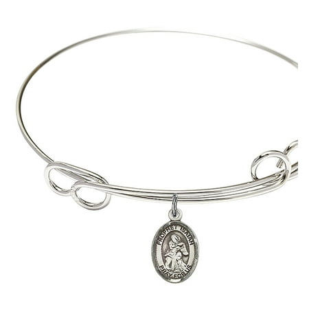 1/2 Inch Sterling Bracelet - 7 1/2 inch Round Double Loop Bangle Bracelet w/ St. Isaiah in Sterling Silver