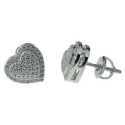 Real Solid Sterling Silver Hearts Iced Women's Earrings Heart Shaped CZ Screw Back 925 Stamp Micro Pave