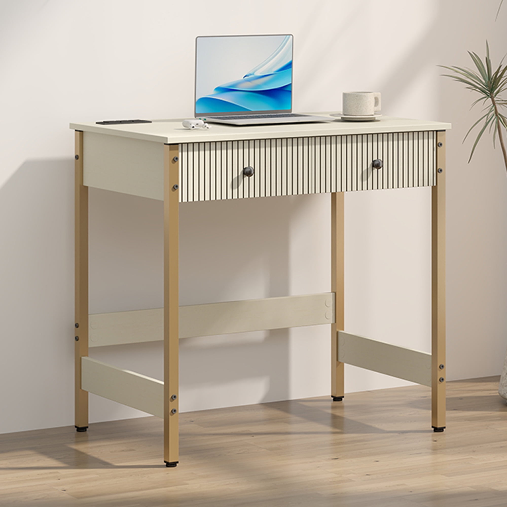 Manxile Fluted Computer Home Office PC Desk with USB Ports & Power Outlet,Writing Desk with Storage Drawers