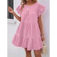 thumbnail image 4 of Pink Solid Ruffle Hem Smock Dress With Flutter Sleeves For Casual Holiday Wear, 4 of 6
