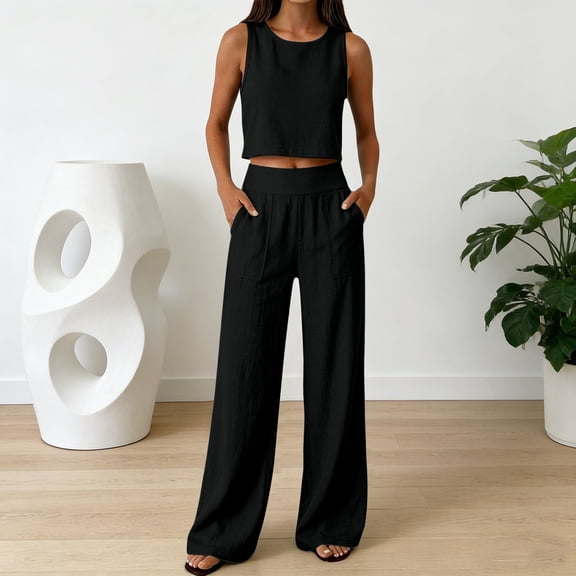Linen Sets for Women 2 Piece Sleeveless Crop Tank Tops With Wide Leg Pants Casual Summer Cotton Gauze Outfits 2026, 2026 New Limited Time Offer