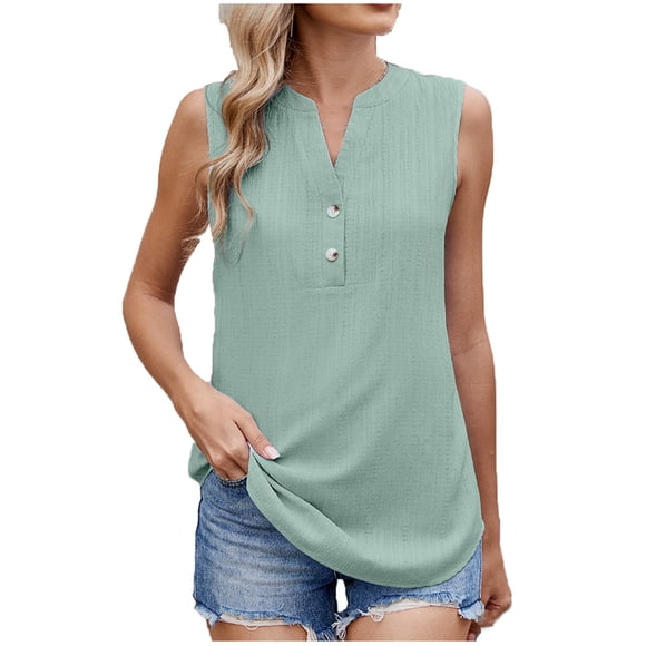 Uaswgudfs Womens Sleeveless Vest Summer V Neck Lightweight Casual Button Front Loose Fit Knit Pullover Polo Tank Top