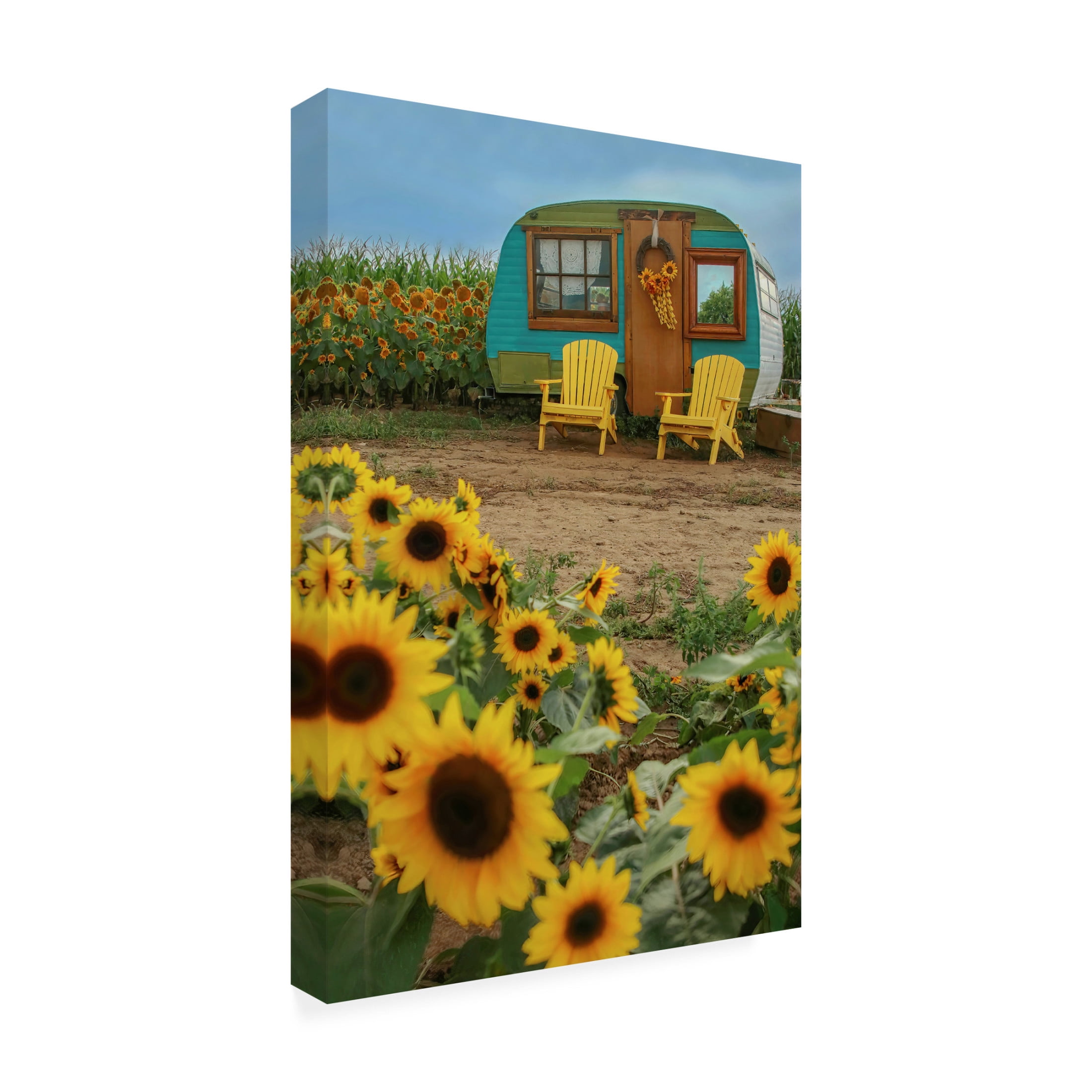 Canvas Wall Art - Carrie Ann Grippo-Pike 'Vintage Camper and Sunflowers 1' Wall Art for Living Room, Bedroom, or Office Décor by Trademark Fine Art - 12 x 19 Inches