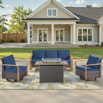 Unnifurnzi 4 Pieces Patio Furniture Set with Fire Pit-All Weather Wicker Outdoor Swivel Chair with Outdoor Couch Outdoor Furniture for Garden Backyard Balcony Poolside-Brown/Blue