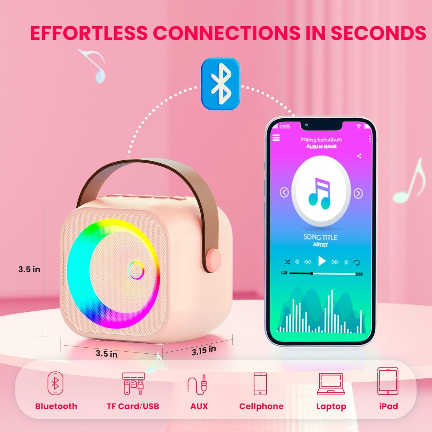 Portable Bluetooth Karaoke Machine - 2 Wireless Mics & Party Lights, Birthday Gift for Kids/Adults, Family Party Fun