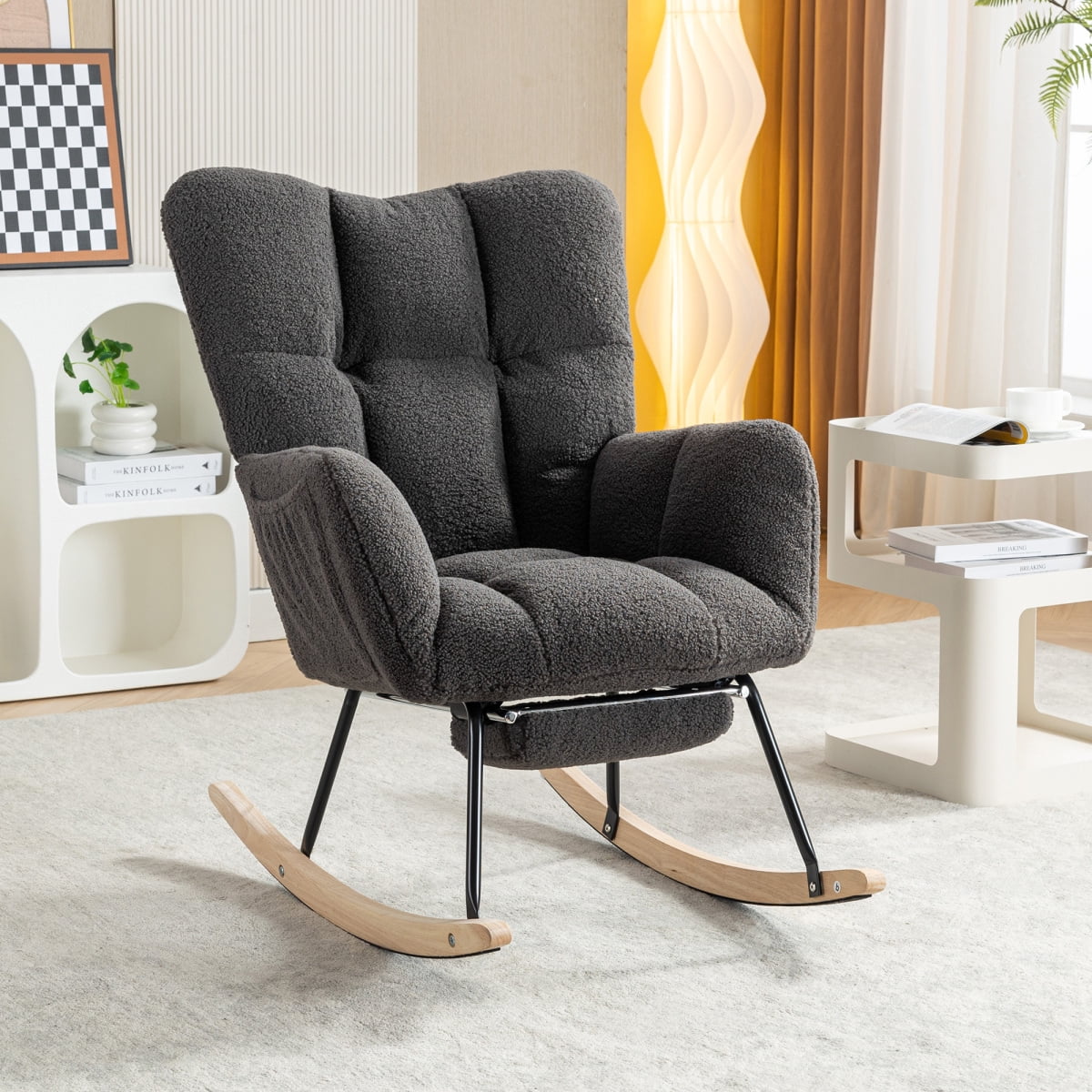 Nursery Rocking Chair Modern Armchair Upholstered Glider Rocking Chair Accent Chair with Retractable Footrest Reading Chair with High Backrest Solid Wood Base for Bedroom, White, Teddy