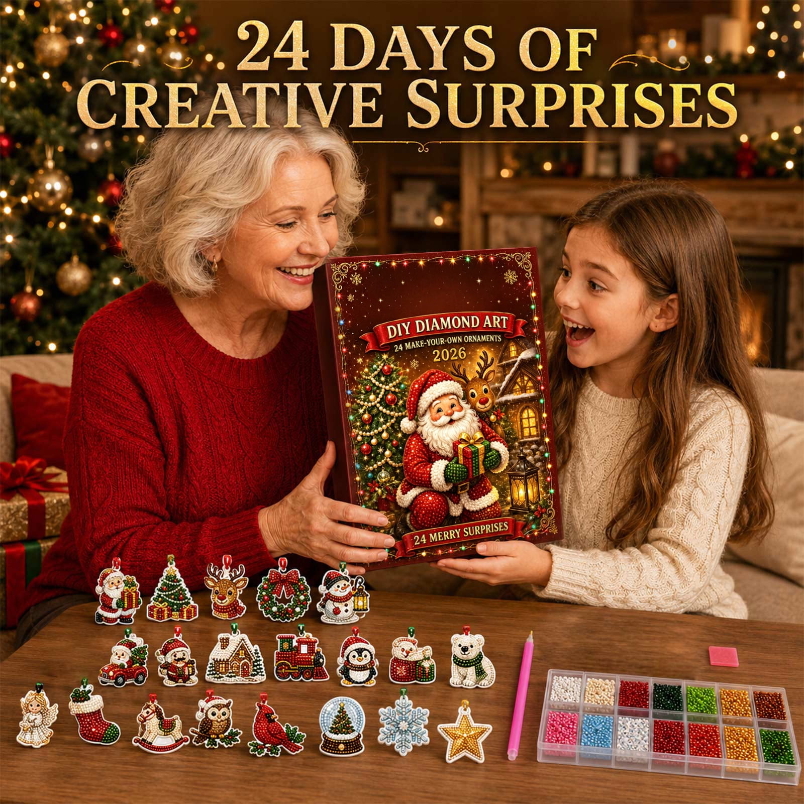 Christmas Diamond Painting Advent Calendar Kit 24 DIY Acrylic Hanging Ornaments Rhinestone Art Tools Set Christmas Countdown Holiday Gift for Kids Adults Xmas Tree Decor