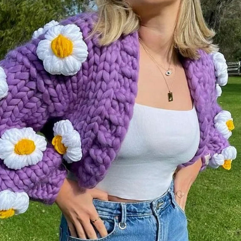 Women Puff Long Sleeve Sweater Cardigan Crochet 3D Flower Open