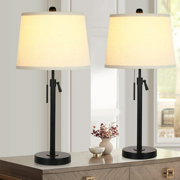 Bedside Table Lamps Set of 2: Tall Black Table Lamps for Living Room End Table | Height Adjustable 3-Way Dimmable Nightstand Lamp with Pull Chain Switch Modern Lamps