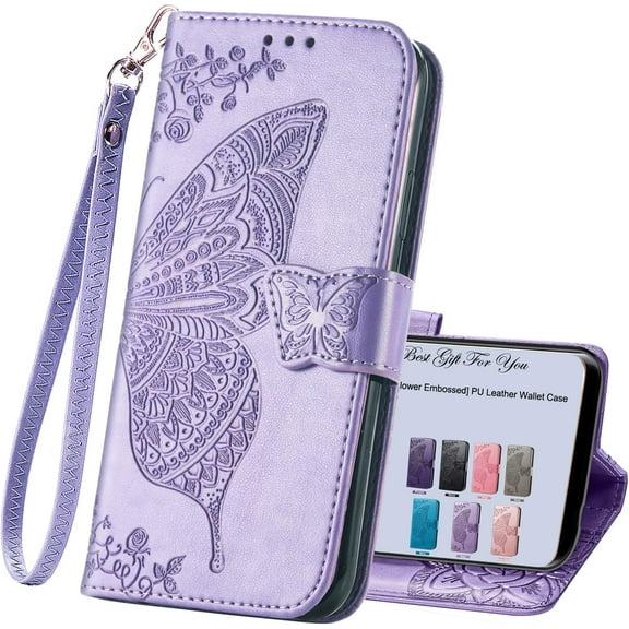for Samsung Galaxy A15 5G Phone Case Wallet,Women Flip Folio Cover Credit Card Holders Emboss Butterfly Flower PU Leather Purse Wrist Strap Kickstand Case for Samsung Galaxy A15 5G Light Purple
