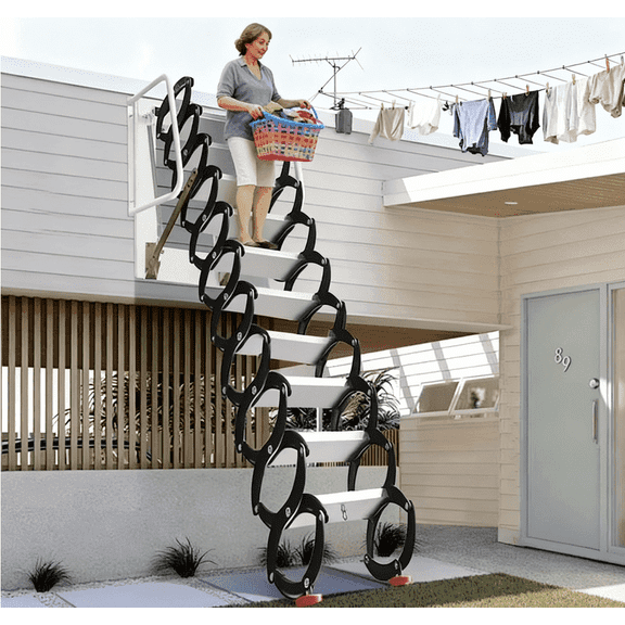 Wall-Mounted Folding Stairs, 12 Steps, 3.2m Folding Loft Staircase with Handrails, Telescoping Attic Ladder with Pull Down System, Retractable Loft Ladder, Up to 1300lbs, for Indoor Outdoor