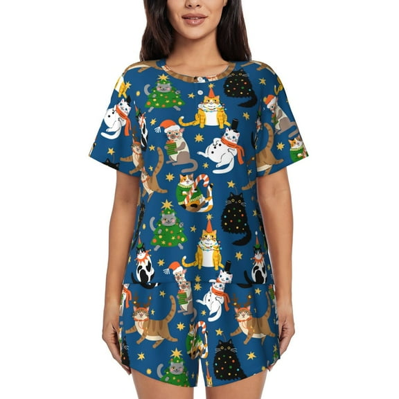 Ratiio Different Cats Christmas Print Womens Pajama Sets 2 Piece Soft Short Sleeve Top and Shorts Sleepwear Round Neck Pjs Lounge Set