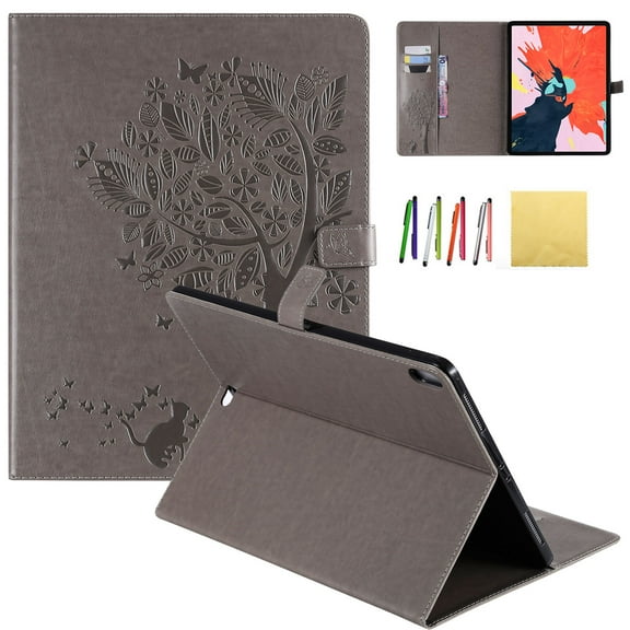 iPad Pro 12.9 2018 Case, Allytech Embossed Cat & Tree PU Leather Stand Folio Wallet Case Cover with Credit Card Slots for New Apple iPad Pro 12.9 Inch 3rd Gen 2018 Release, Gray