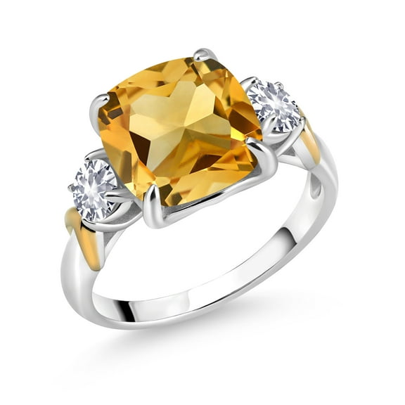Gem Stone King 925 Silver and 10K Yellow Gold Yellow Citrine and White Created Sapphire 3 Stone Ring for Women (4.10 Cttw, Gemstone November Birthstone, Cushion 10MM, Round 4MM, Size 6)