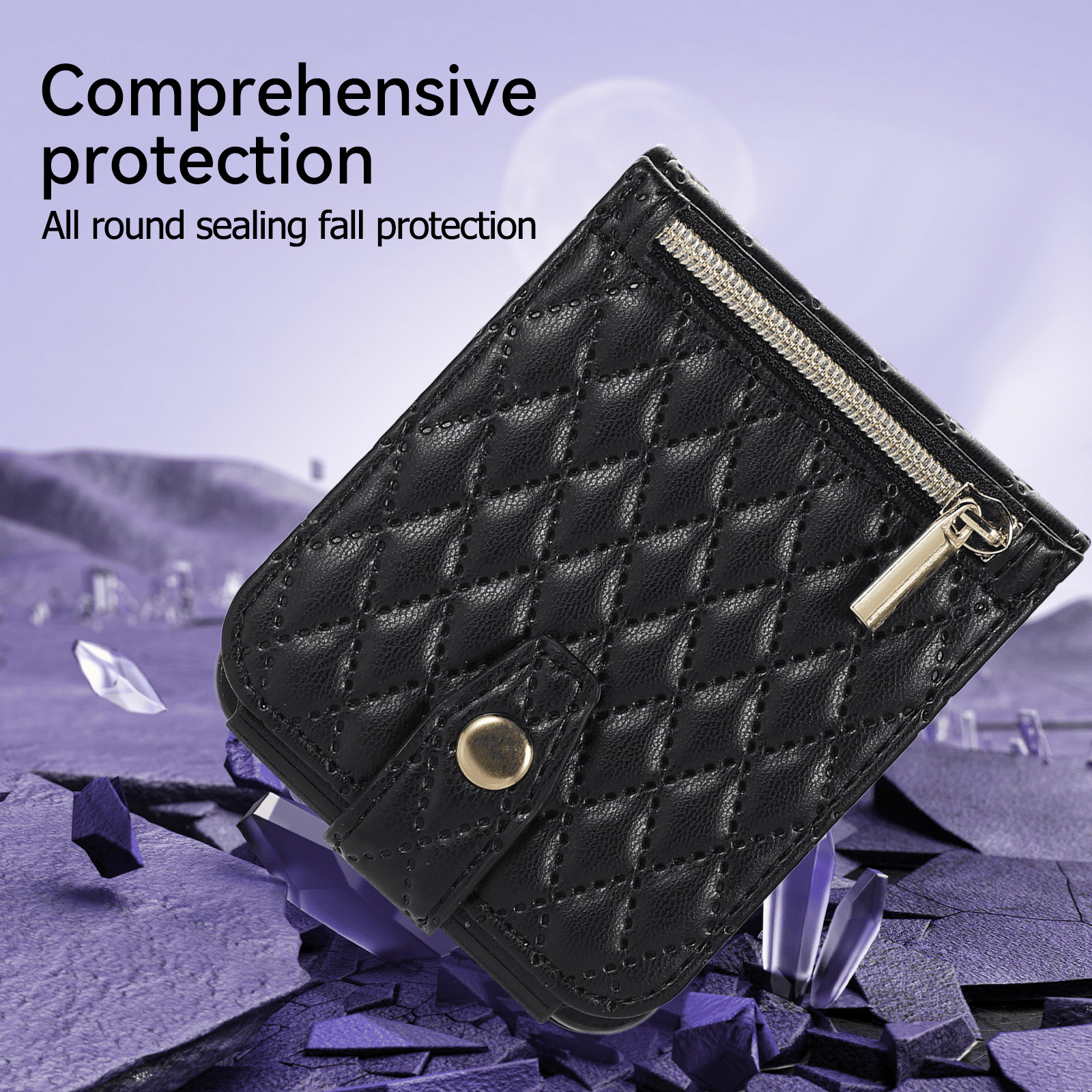 TECH CIRCLE Cover for Samsung Galaxy Z Flip4 Case with Shoulder Strap+Wristlet, Elegant Phone Handbag Design Multiple Card Slots Pocket Wallet Case for Galaxy Z Flip 4 Full Protective Shell-Black