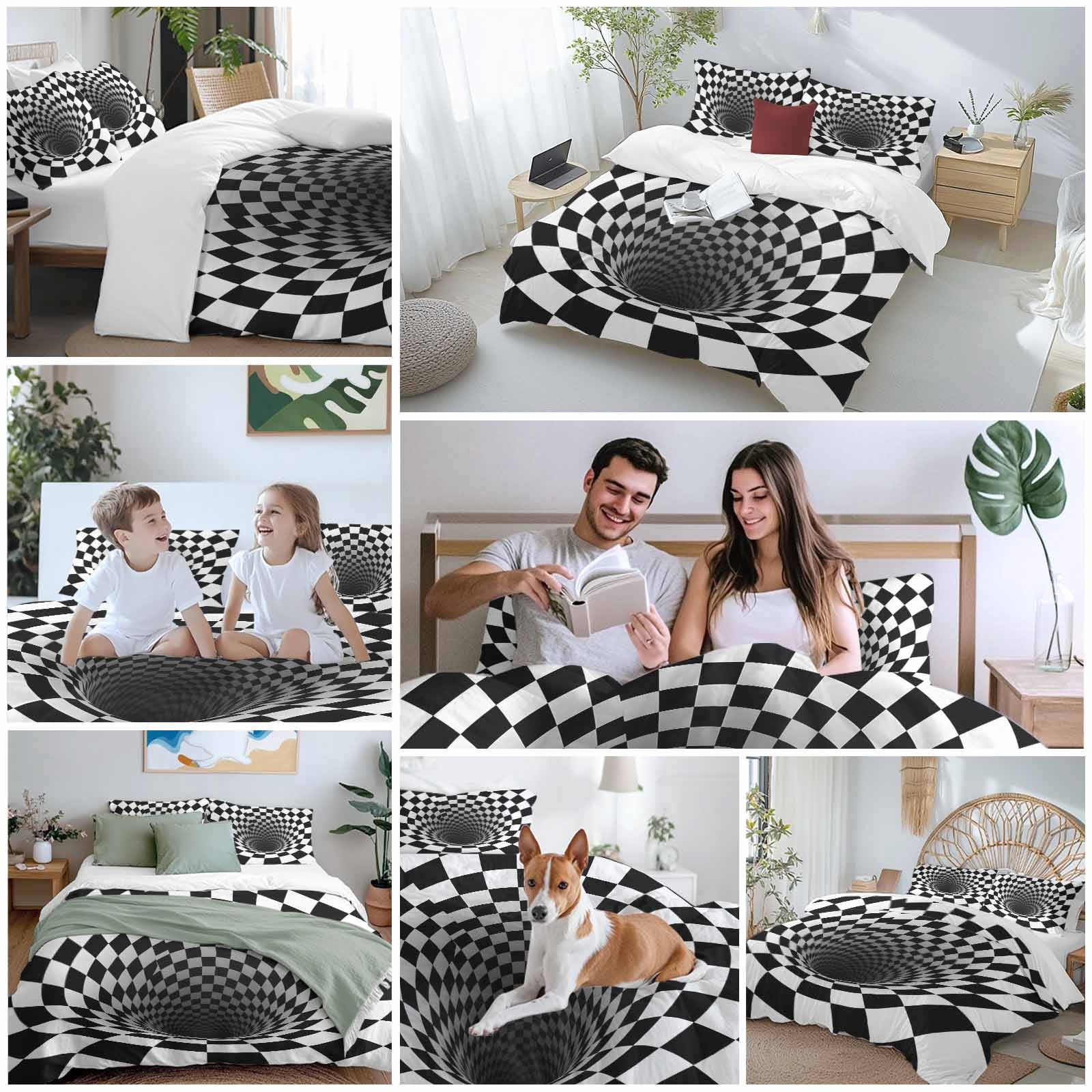 3D Optical Illusion Bedding 3 Piece Duvet Cover Set Queen Size, Black White Checkered Gingham Plaid Vortex Microfiber Comforter Cover with Zipper Closure & Pillowcases, FadeResistant Quilt Cover