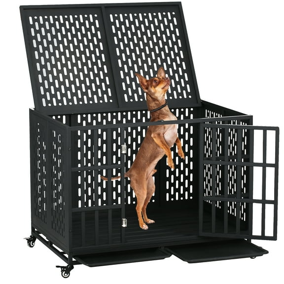 Ufyerutg 44'' Indestructible Heavy Duty Dog Crate, Escape Proof Strong Steel Impact Pet Cage for Large Medium Dogs, High Anxiety Sound Proof Chewproof Kennel Double Door with Trays and Wheels