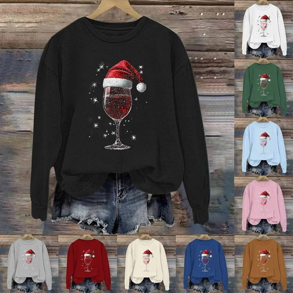 Meichang Oversized Christmas Sweatshirts for Women Crewneck Long Sleeve Wine Glass Graphic Print Fleece Pullover Xmas Holiday Tops