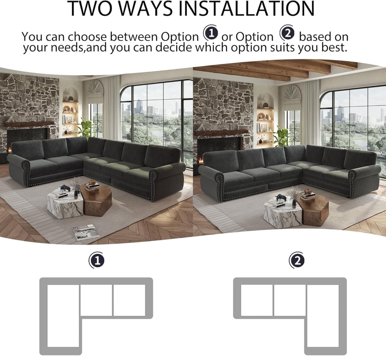 118" L-Shaped Convertible Sleeper Couch Bed, Chenille Upholstered Sectional Sofa with Pull-Out Sofa Bed, Modern Chesterfield Sofa for Living Room