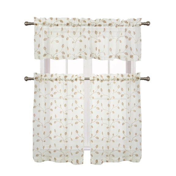 Adler Metallic Embroidered Leaves Sheer Kitchen Curtain Set - Taupe