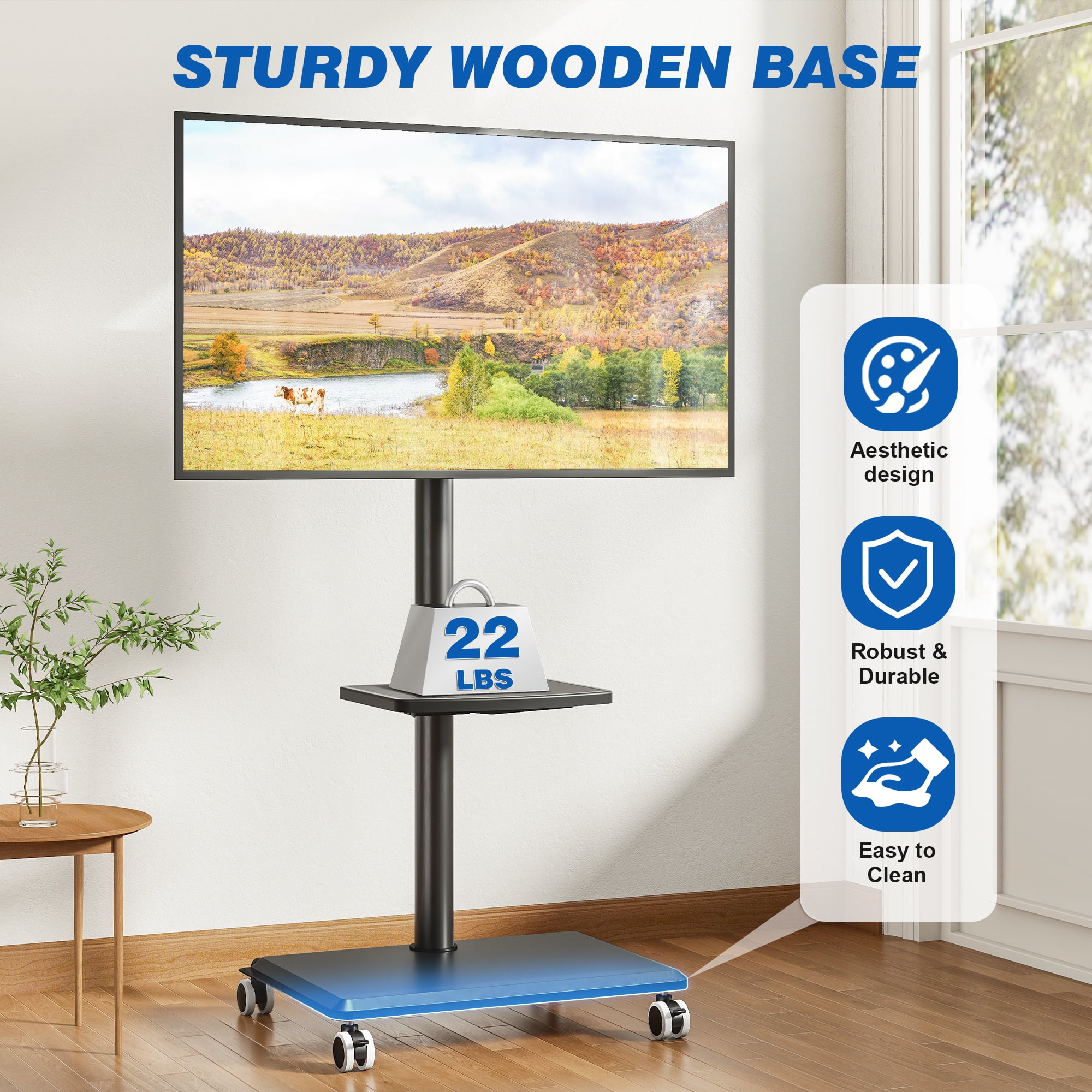 TAVR Furniture Rolling TV Cart Stand with Mount for 32-65 inch Screens, Corner Swivel TV Mount Stand with Rack Shelf