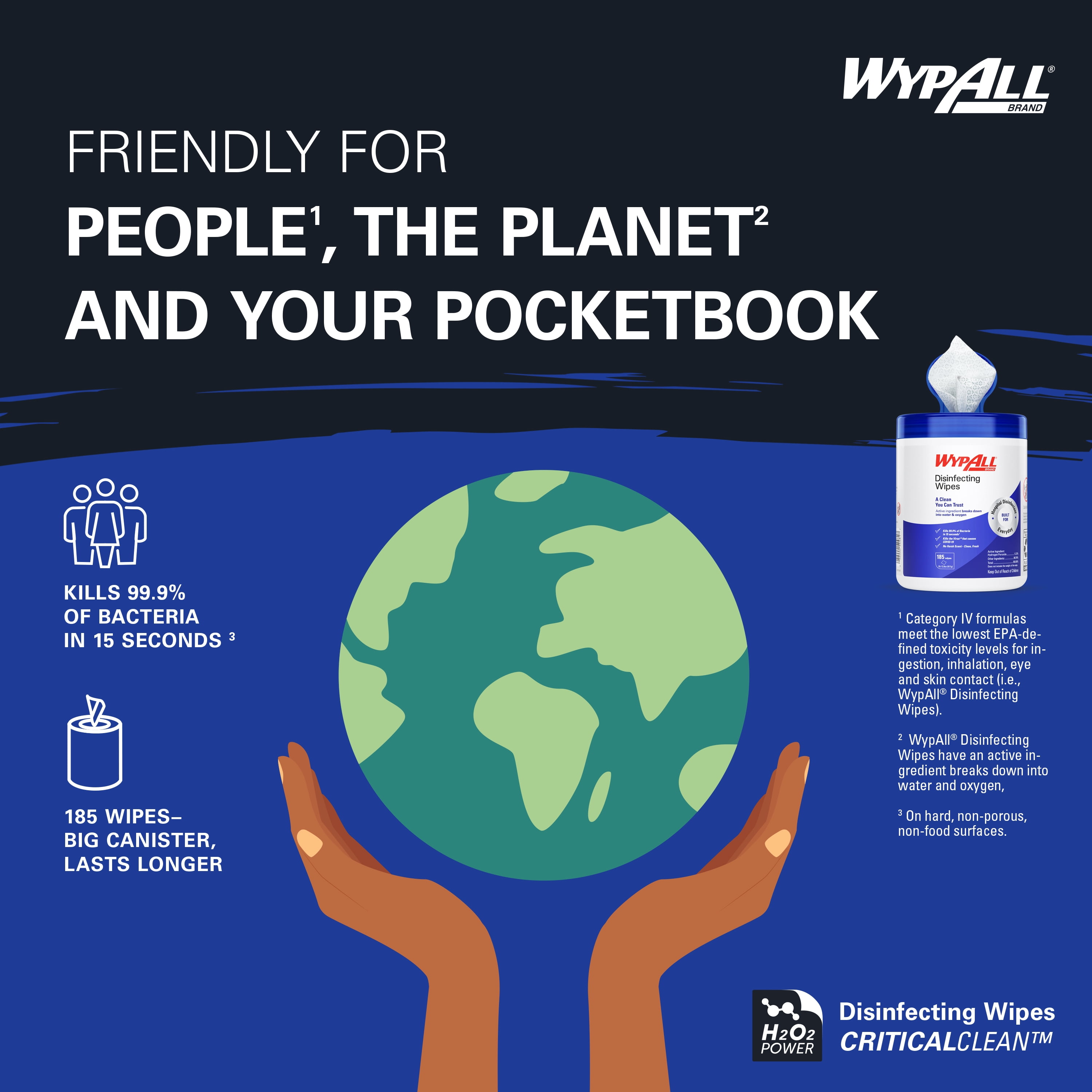 WypAll Brand Disinfecting Wipes (54481), with Hydrogen Peroxide Disinfectant Cleaner for Commercial, Industrial & Healthcare, 5.75 x 7 inch Sheets, Fresh Scent (3 Canisters of 185 Sheets)