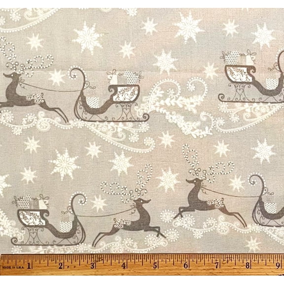 1 Fat Quarter - Santa Sleigh Reindeer & Snowflakes on Gray Cotton Fabric - 21" X 18"
