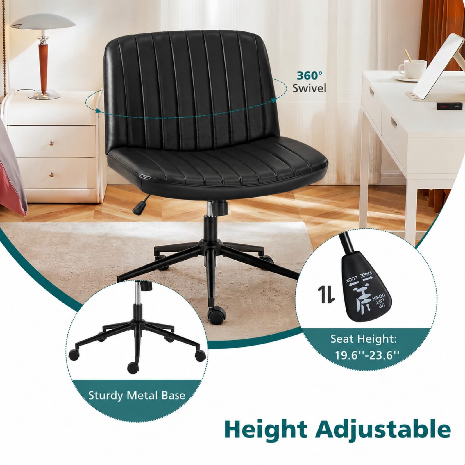 Kelno Armless Criss Cross Office Chair with Wheels 300lb Capacity Wide Seat Cross Legged Desk Chair Height Adjustable Swivel Vanity Chair, Black PU
