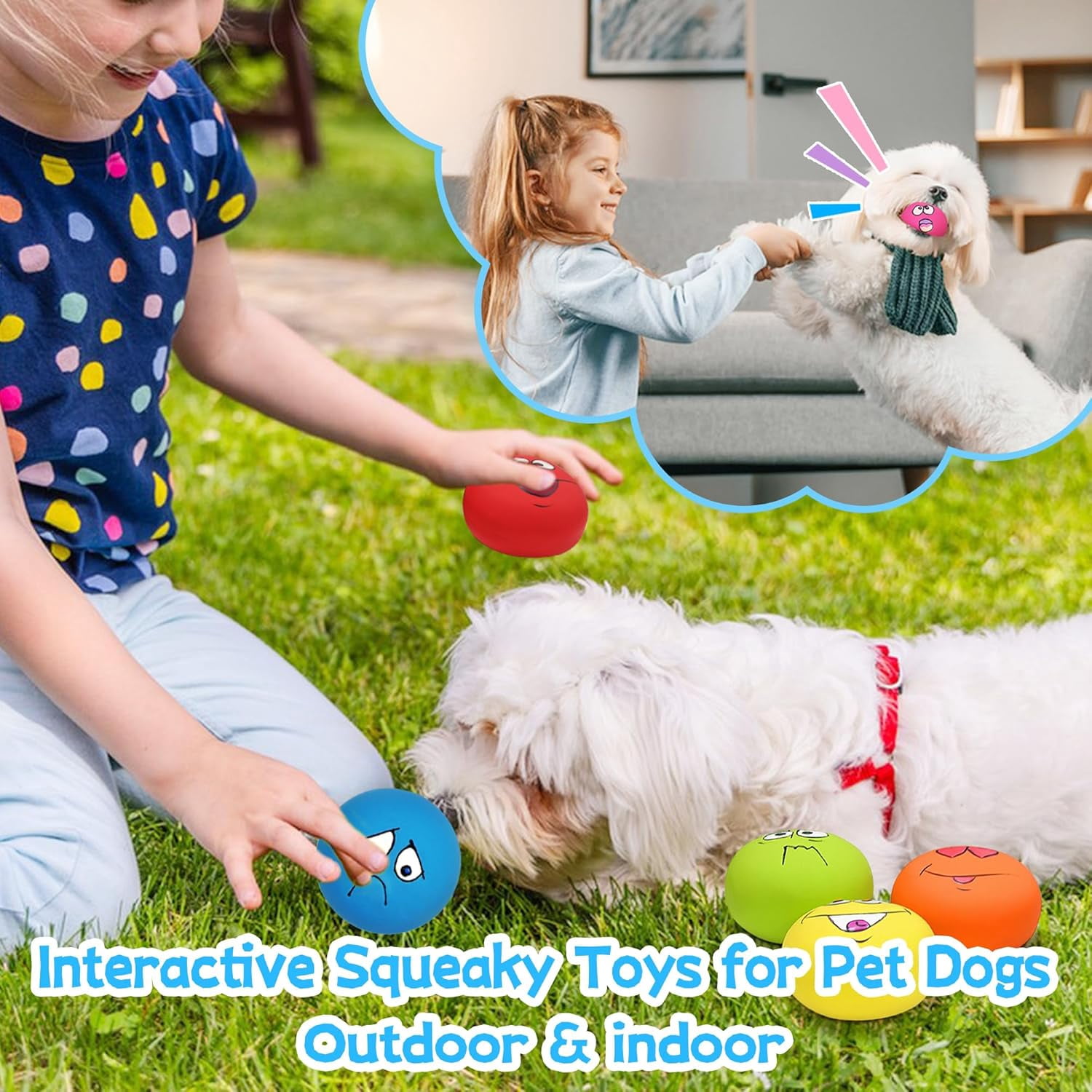 Dog Squeaky Toys Balls for Teething Puppies, Small, Medium Dogs, Latex Smiley Face Bouncy Cute Face Pet Dog Toys 6 Pcs/Set