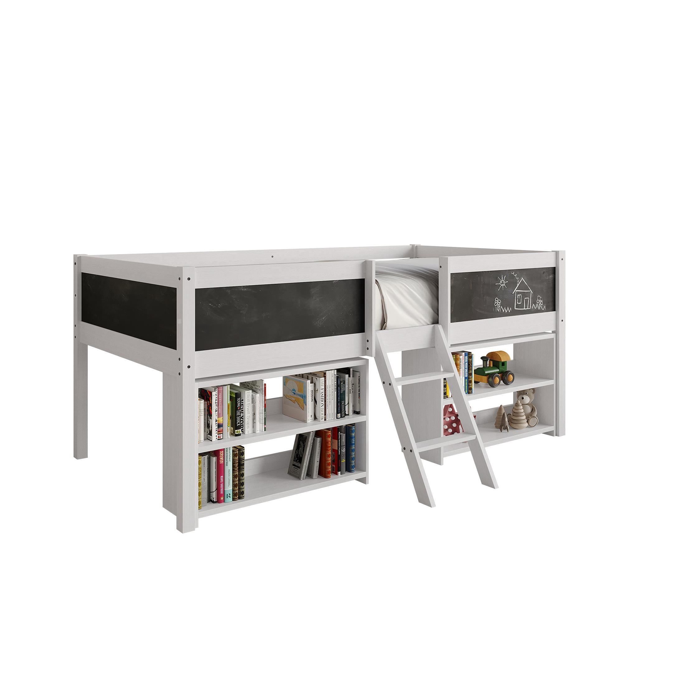 Castle Place Modern Twin Loft Bed with Storage Rack, White