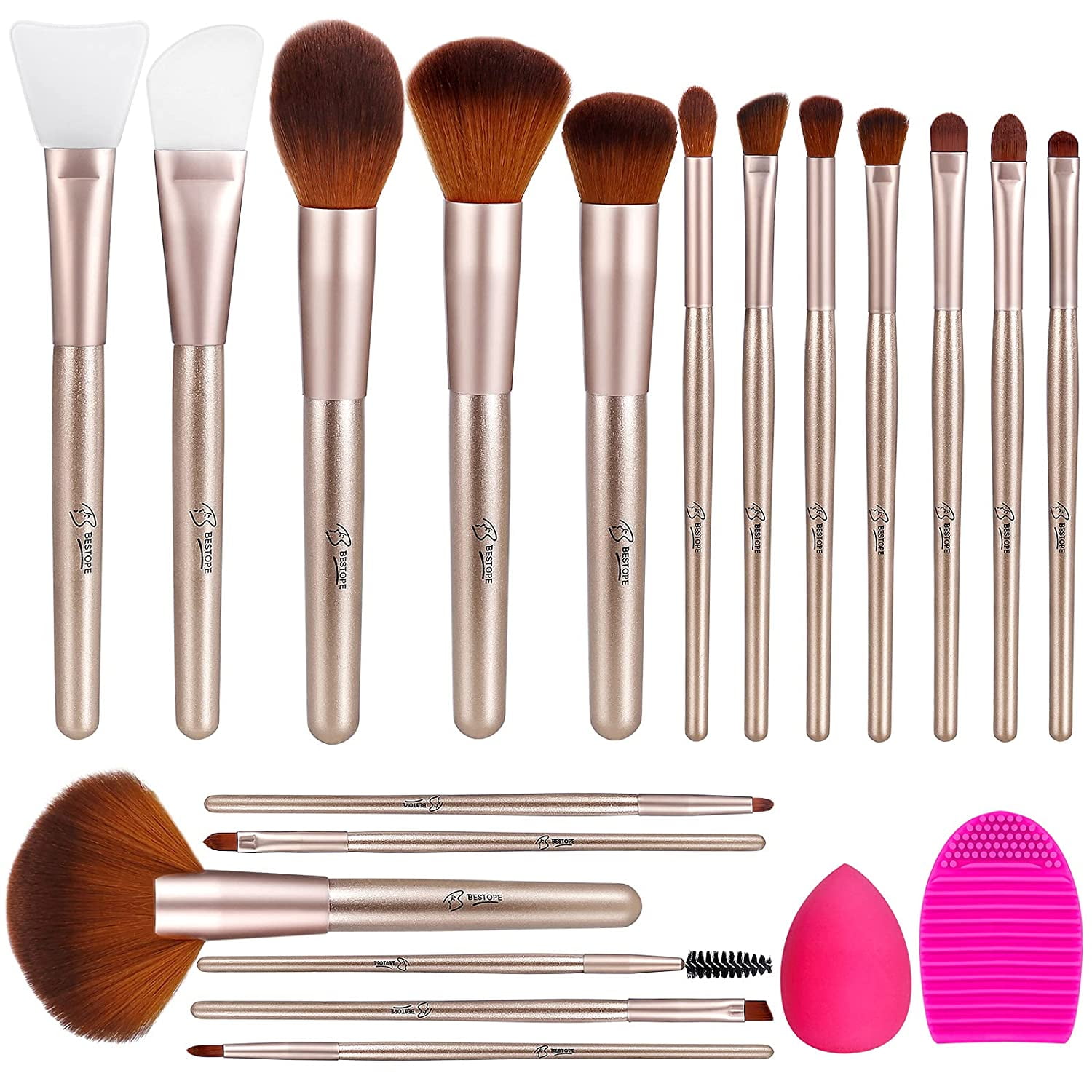 BESTOPE Makeup Brushes 16PCs Makeup Brushes Set with 2PCs Silicone Facial Brush 1 Makeup Sponge and 1 Brush Cleaner Premium Synthetic Foundation Brushes Blending Shadows Makeup Brushes