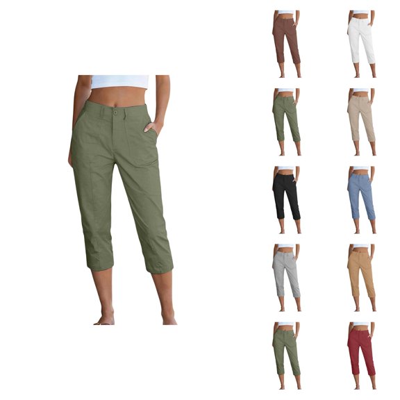 Capri Pants for Women Spring Summer Elastic Waist Straight Leg Casual Capris Trousers Cropped Pants with Pockets