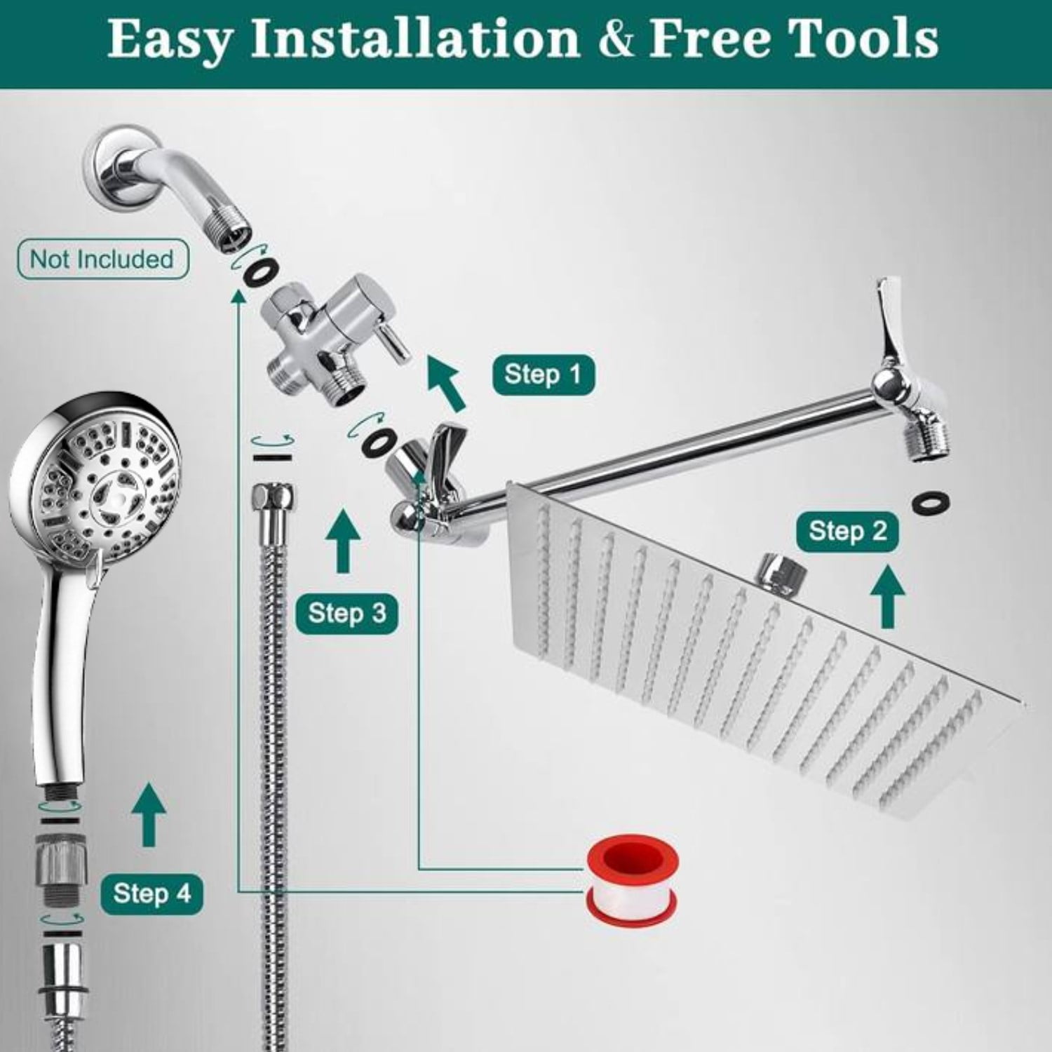 BN-LINK 8 Inch Rain Shower Head Combo, High Pressure Shower Head with 9 Spray Pattern, 11 Inch Extension Arm, Height/Angle Adjustable Anti-leak Shower Head with Holder/Hose