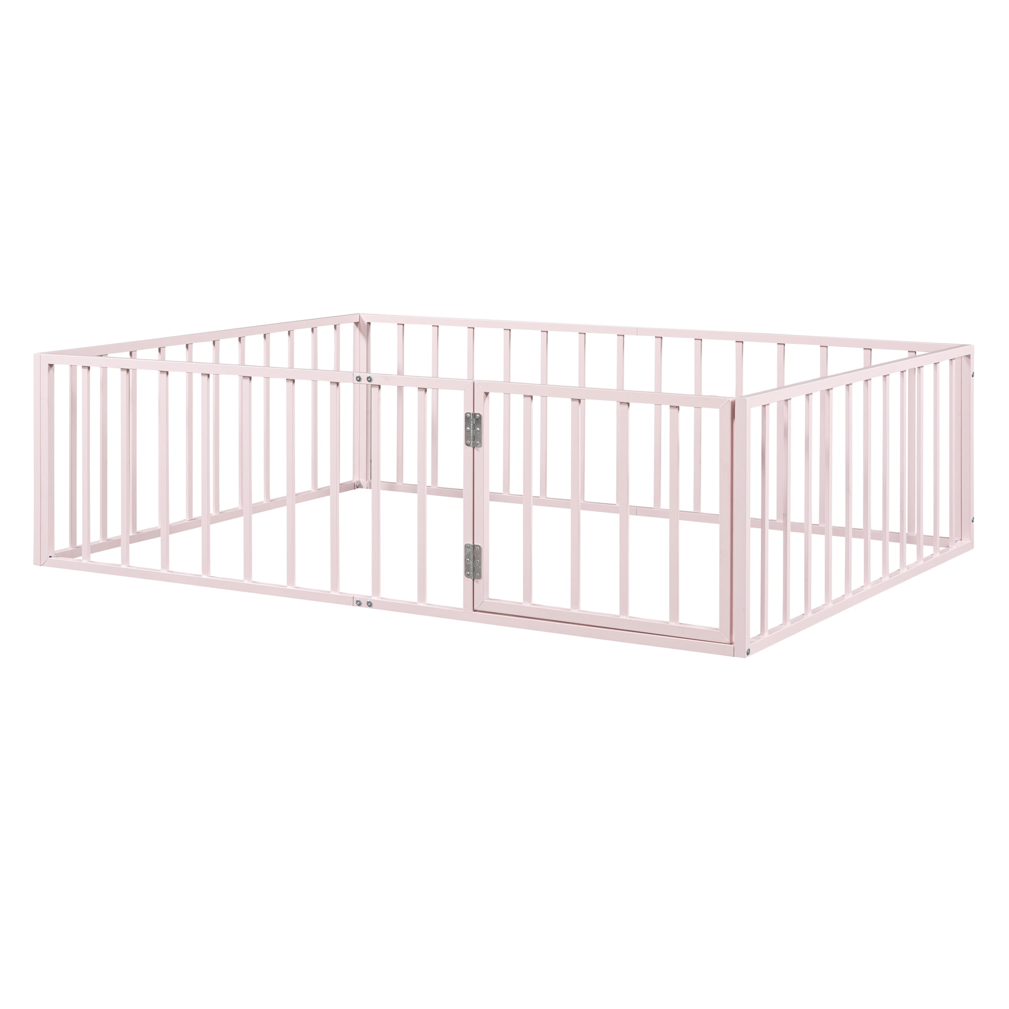 Harper & Bright Designs Full Floor Bed Frame for Kids, Metal Montessori Floor Bed with Rails and Door, Floor Full Size Bed Frame with Fence-Shaped Guardrails, Pink