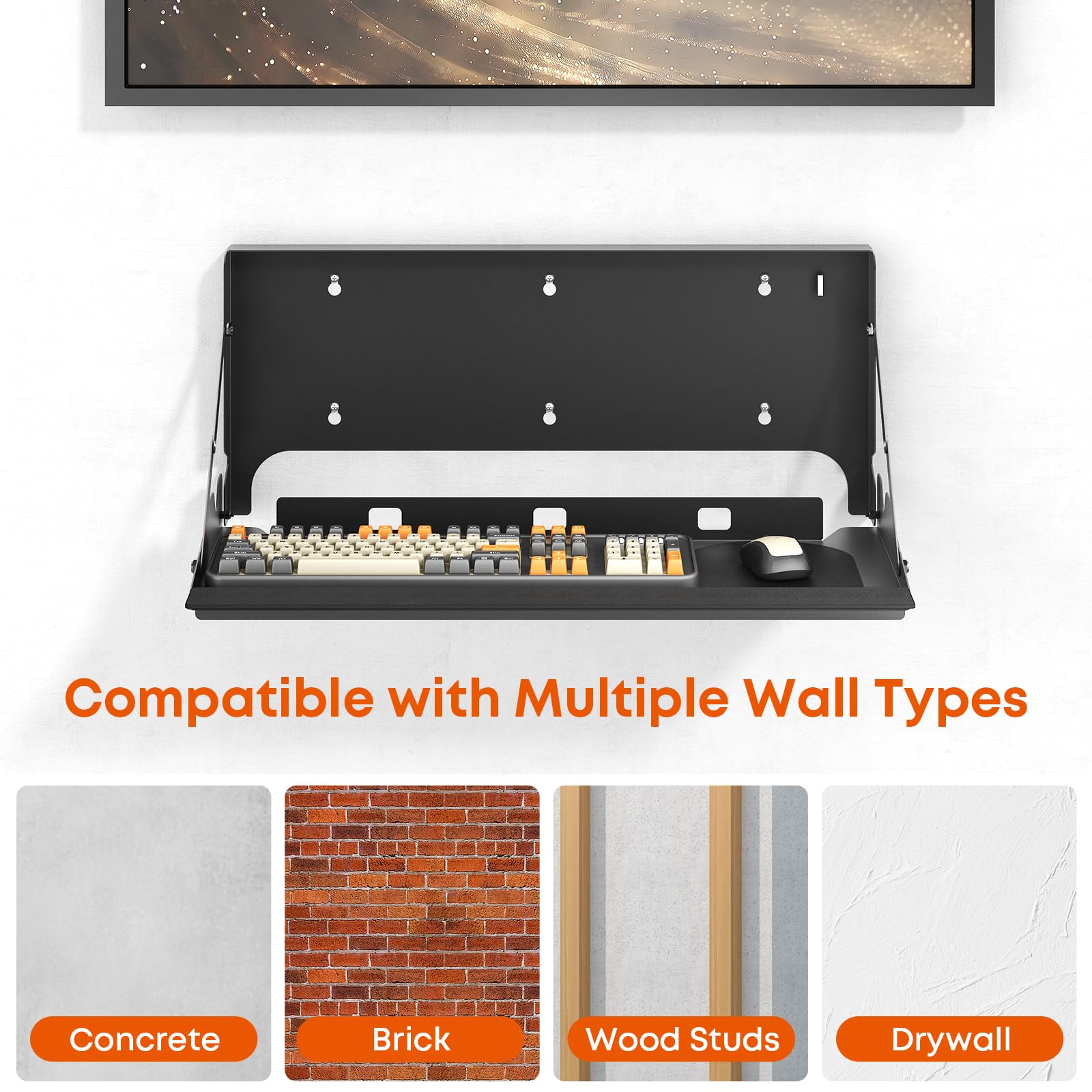 PUTORSEN Flip Down Keyboard Tray Wall-Mount - 24 Inch Computer Keyboard and Mouse Platform Tray, , Mouse Pad and Wrist Pad Included, Holds Up to 22 lbs, Black