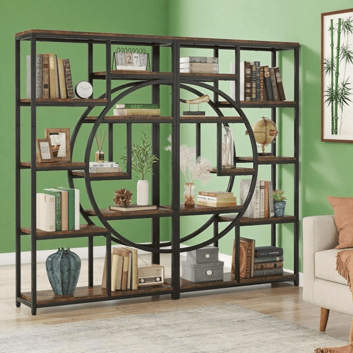 9-Tier Etagere Bookcase, Black Metal Frame with Rustic Brown Boards, Half-Moon Silhouette, Industrial Style for Living Room/Home Office