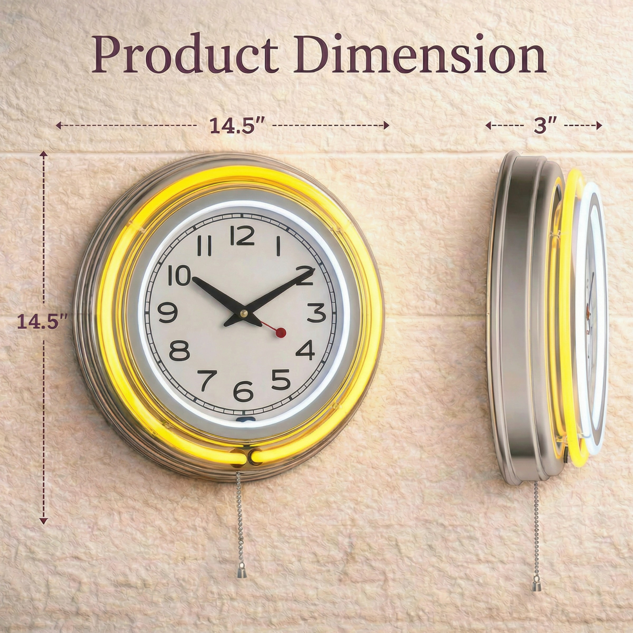 Lavish Home Neon Wall Clock, 14" Round with Double Light Ring, Yellow Retro Décor
