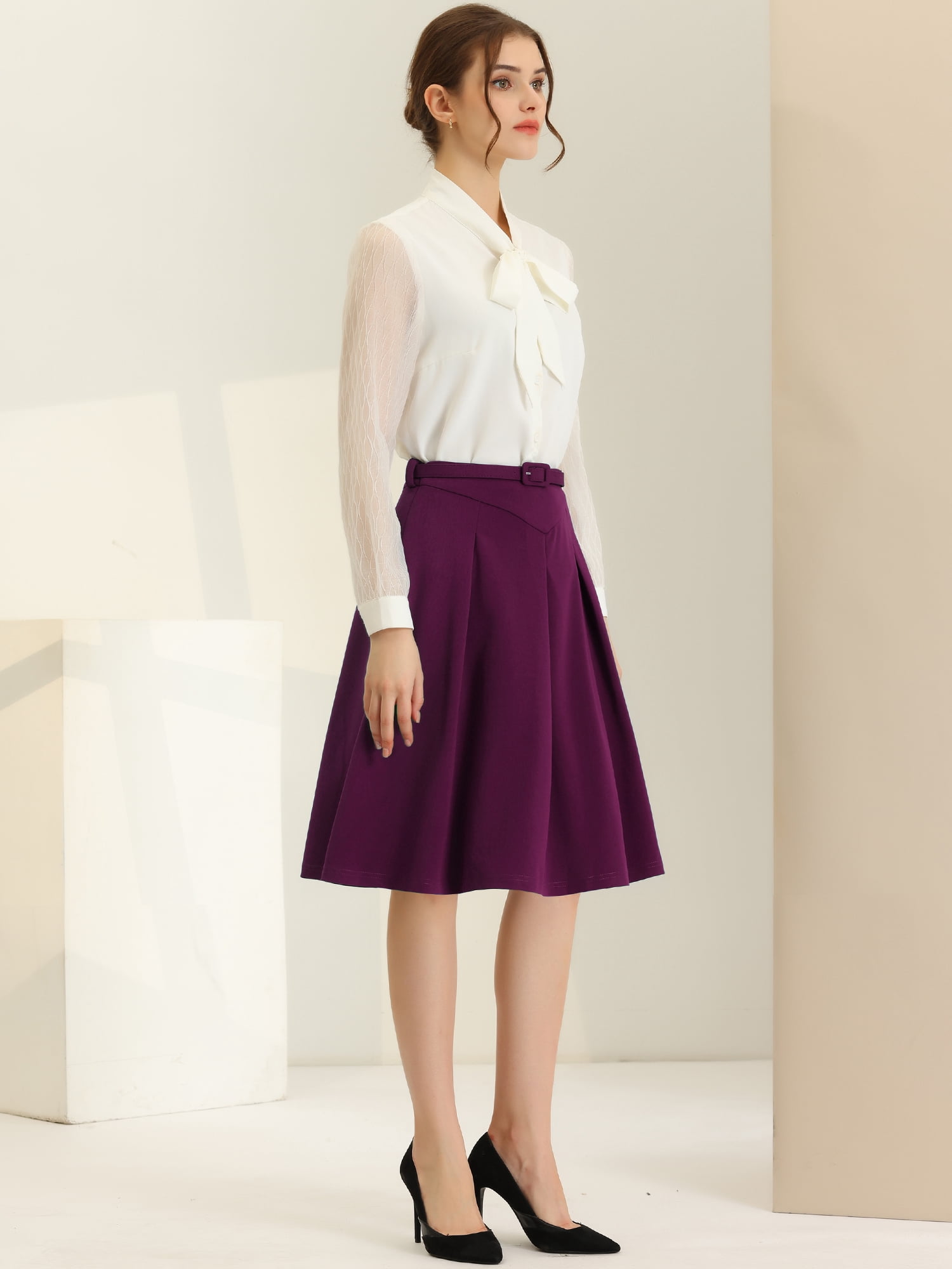 DARING DIVA Women's Casual Belted Waist Pleated Skater Short Skirts M Dark Purple