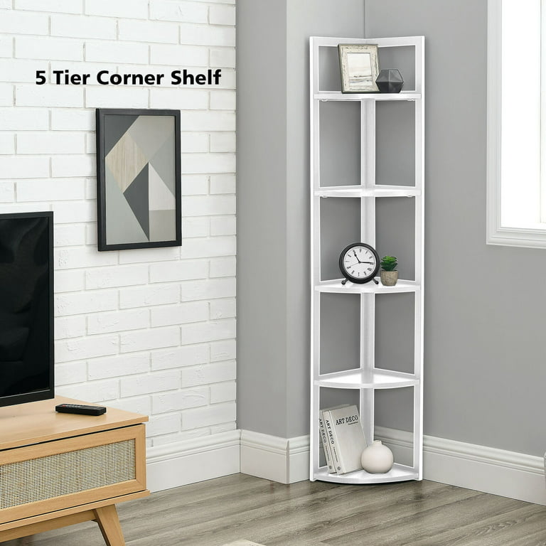 SWAREY 5 Tiers Corner Shelf,Corner Bookshelf, Tall Corner Storage Stand  White