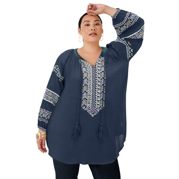 June & Vie Women's Plus Size Embroidered Peasant Blouse