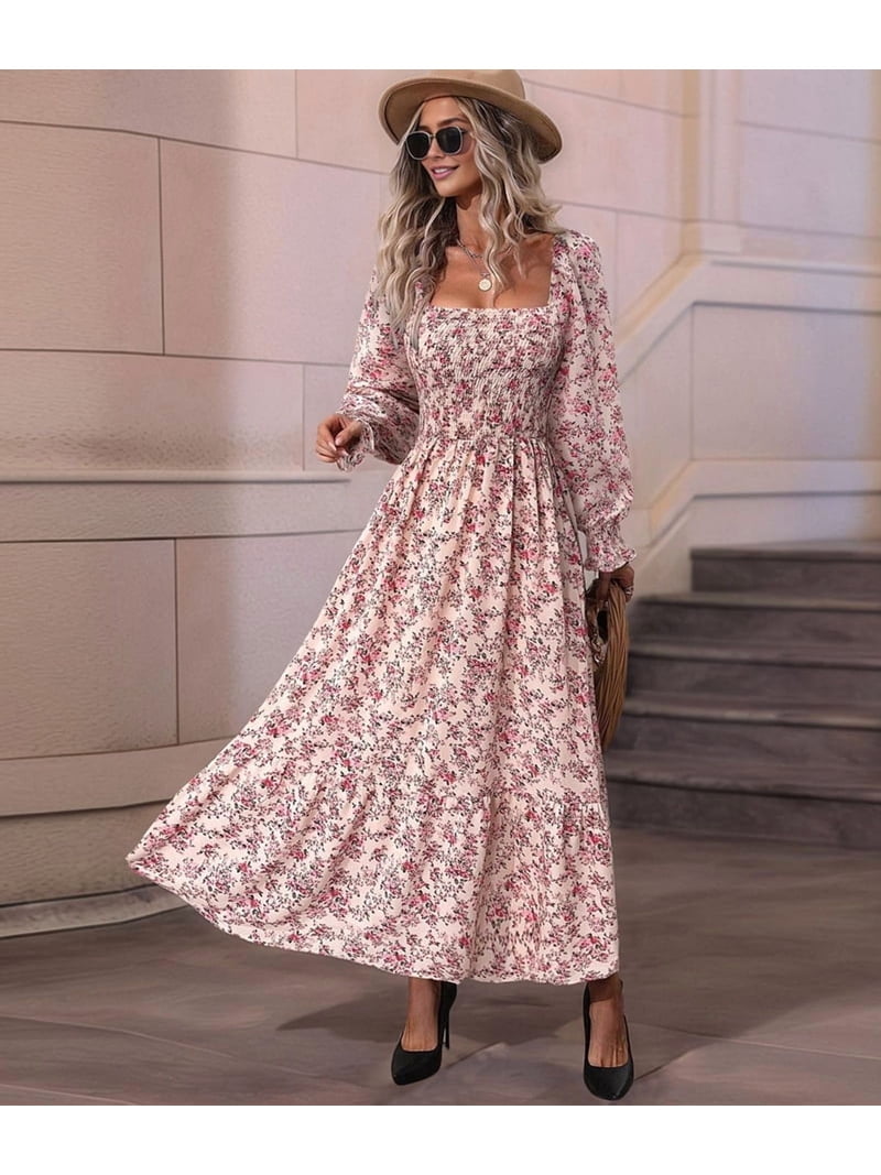 Jaimenalin Women's Dress Long Sleeve Square Neck Floral Print Smocked A Line Boho Flowy Maxi Dresses Pink L, Size: Large