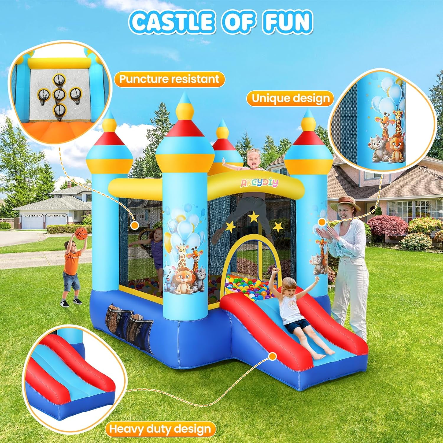 Qhomic Bounce House, Animal Themed Castle, Indoor Outdoor Inflatable Bounce House with Jumping Area, Slide, 370W Blower