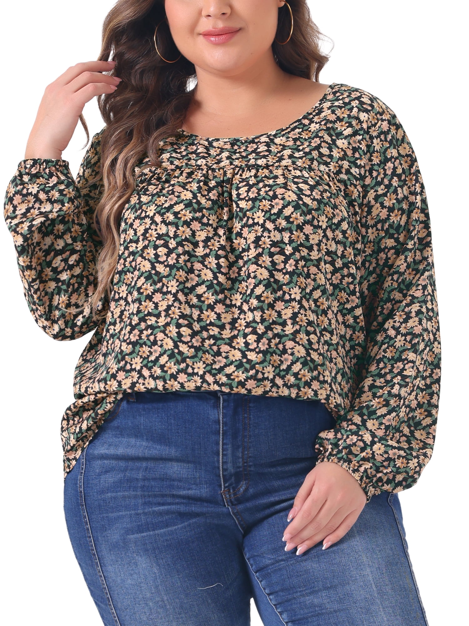 Unique Bargains Women's Plus Size Long Sleeve Floral Print Blouses Tops 4X Black Beige