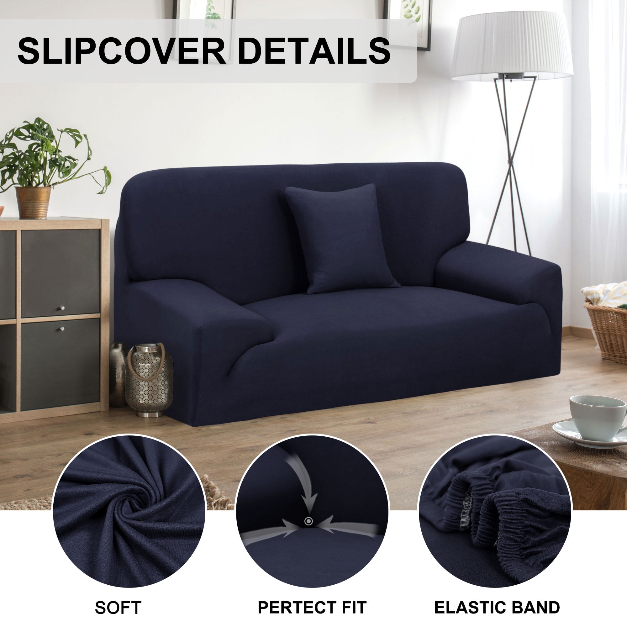 PiccoCasa Thick Stretch Sofa Cover 2 Seater Solid Couch Cover, Dark Blue
