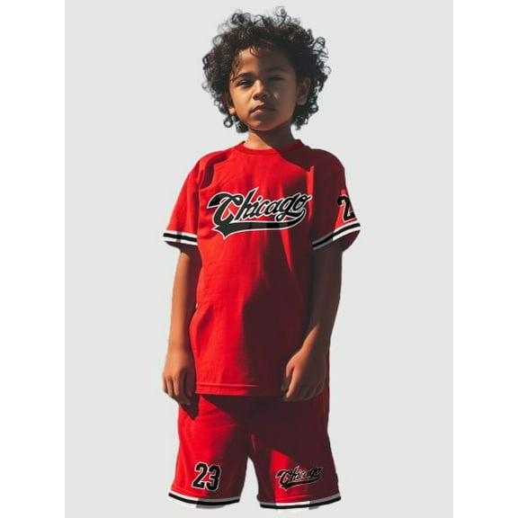 Mikrdoo Summer Outfits For Kid Boy Casual Breathable Chicago Graphis Short Sleeve T-Shirt & Sports Shorts 2Pcs Clothing 7-15