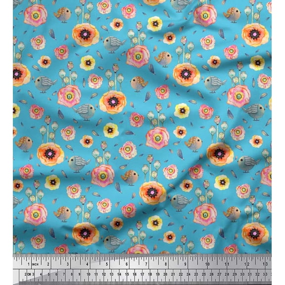 Soimoi Cotton Duck Fabric Leaves,Bird & Anemone Floral Print Fabric by The Yard 42 Inch Wide