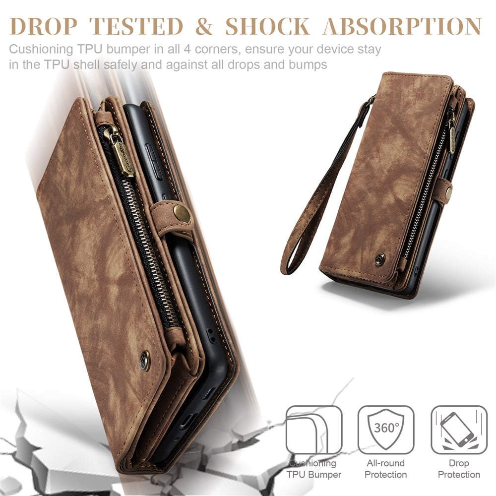 CaseMe Leather Case for Samsung Galaxy S20 Plus 5G,2 in 1 Detachable Wallet Case with 8-Card Holder Zipper Bills Slot,Magnetic Shockproof Flip Leather Cover Zipper Pocket Phone Cases,Brown